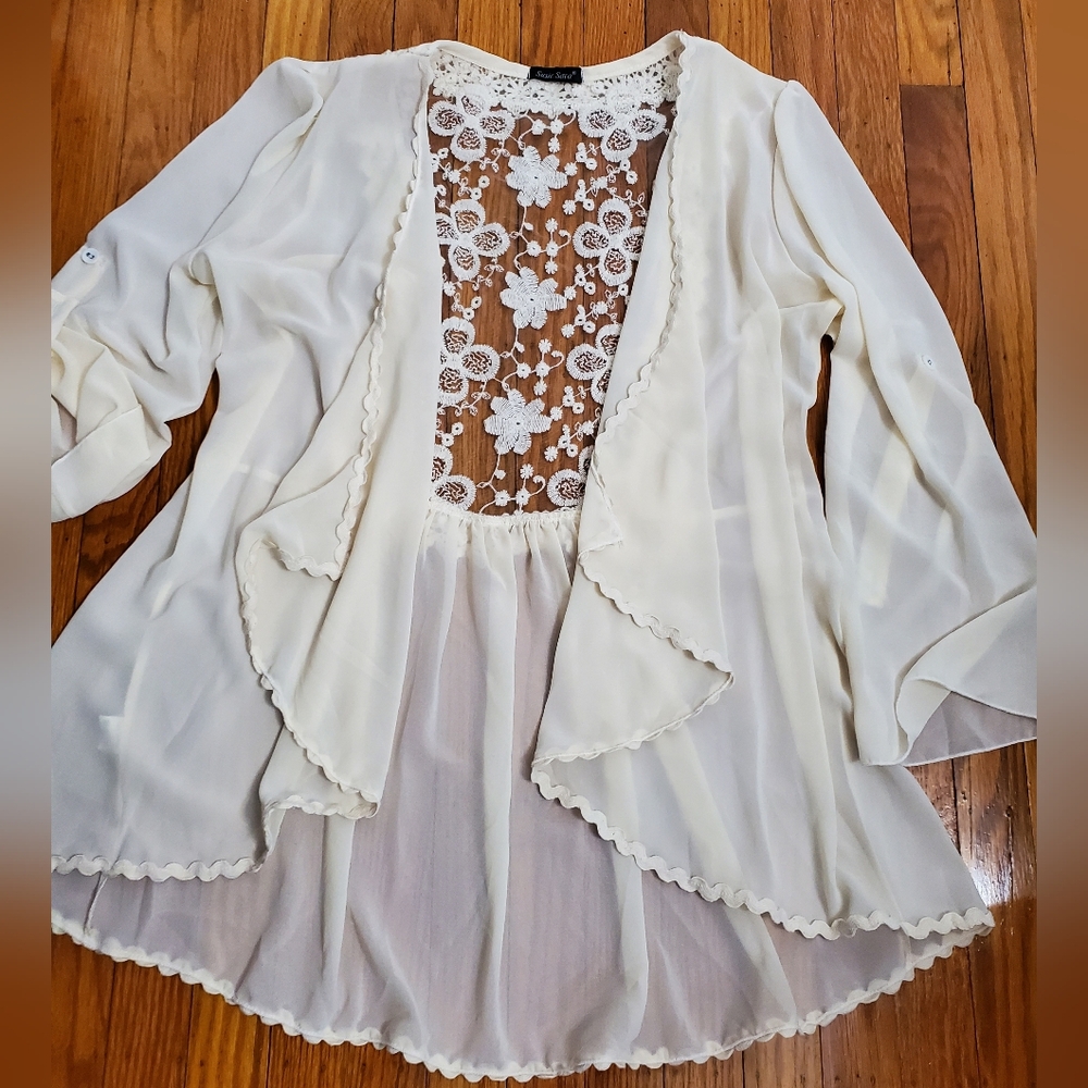 Susie Sara Cream Floral Lace+cotton Open  Top Cardigan Sz M-L